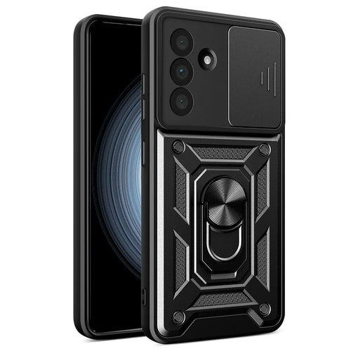 For Samsung Galaxy A36 5G Case with Slide Camera Lid PC+TPU Kickstand Phone Cover - Black - 1