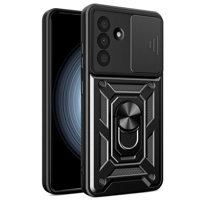 For Samsung Galaxy A36 5G Case with Slide Camera Lid PC+TPU Kickstand Phone Cover - Black - 1