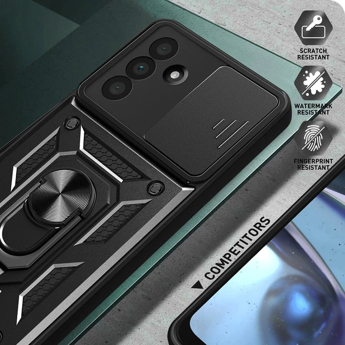 For Samsung Galaxy A36 5G Case with Slide Camera Lid PC+TPU Kickstand Phone Cover - Black - 6