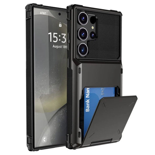 For Samsung Galaxy S25 Ultra Case PC+TPU Dual Layer Back Phone Cover with Card Holder - Black - 1