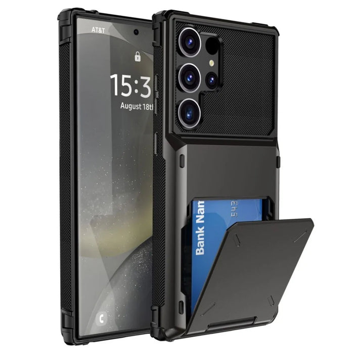 For Samsung Galaxy S25 Ultra Case PC+TPU Dual Layer Back Phone Cover with Card Holder - Black - 1