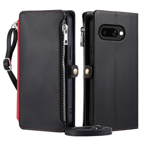 015 Style For Google Pixel 9a Case TPU+PU Leather Wallet Phone Cover with Straps - Black - 1