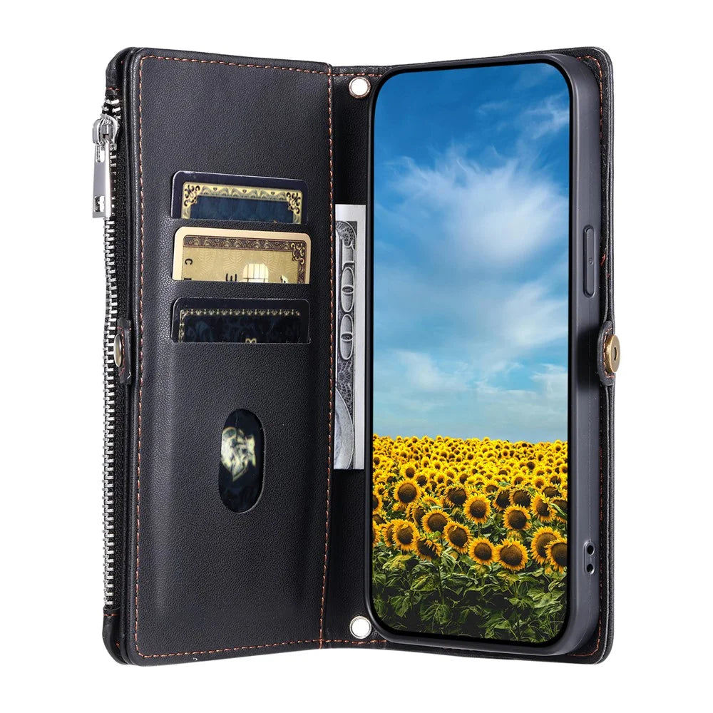 015 Style For Google Pixel 9a Case TPU+PU Leather Wallet Phone Cover with Straps - Black - 2