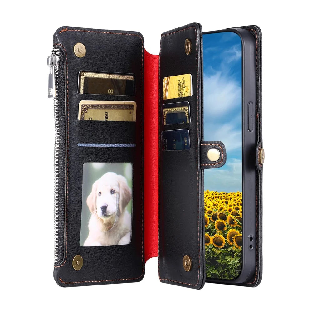 015 Style For Google Pixel 9a Case TPU+PU Leather Wallet Phone Cover with Straps - Black - 3