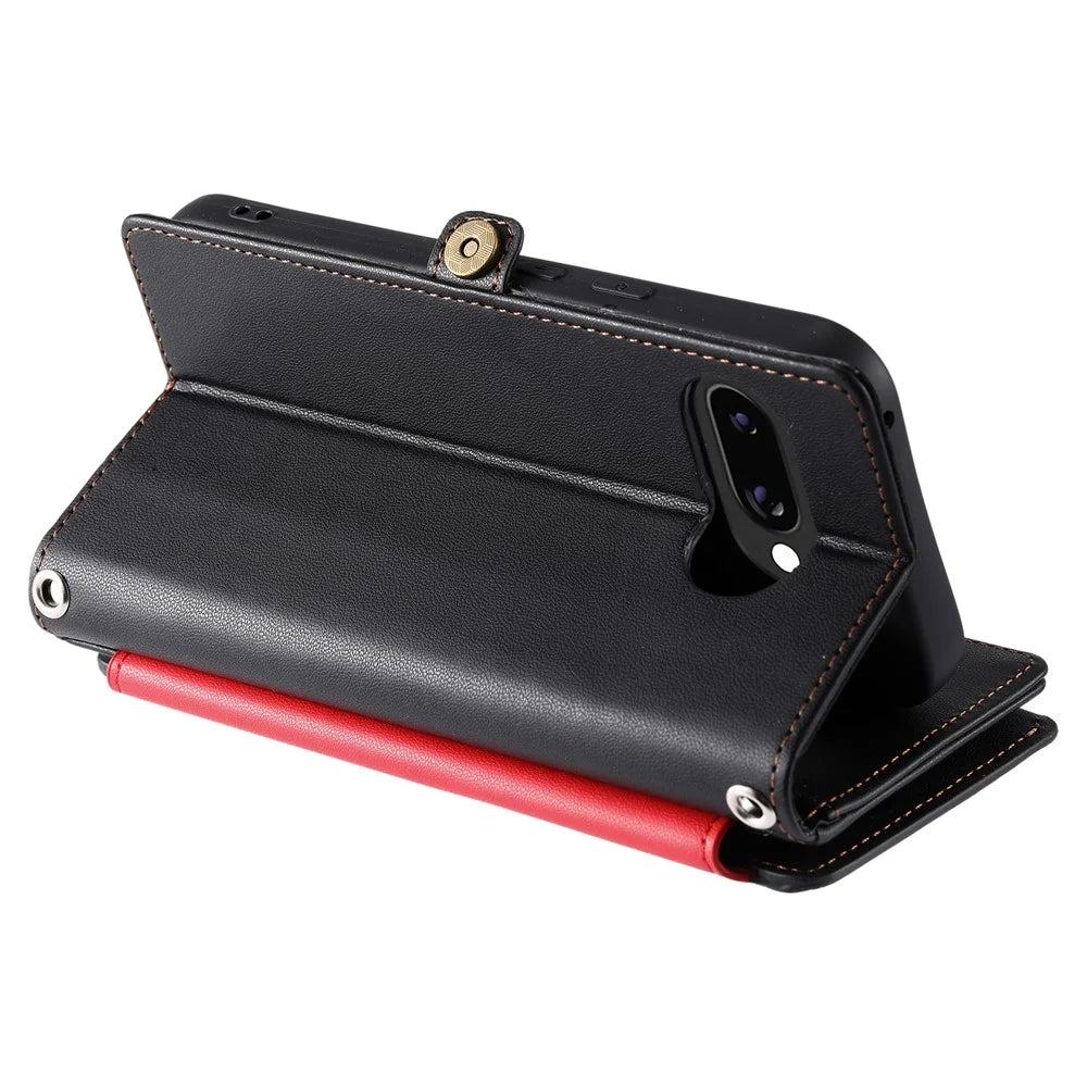 015 Style For Google Pixel 9a Case TPU+PU Leather Wallet Phone Cover with Straps - Black - 5