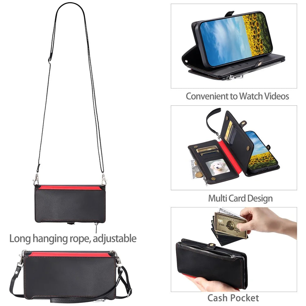015 Style For Google Pixel 9a Case TPU+PU Leather Wallet Phone Cover with Straps - Black - 6