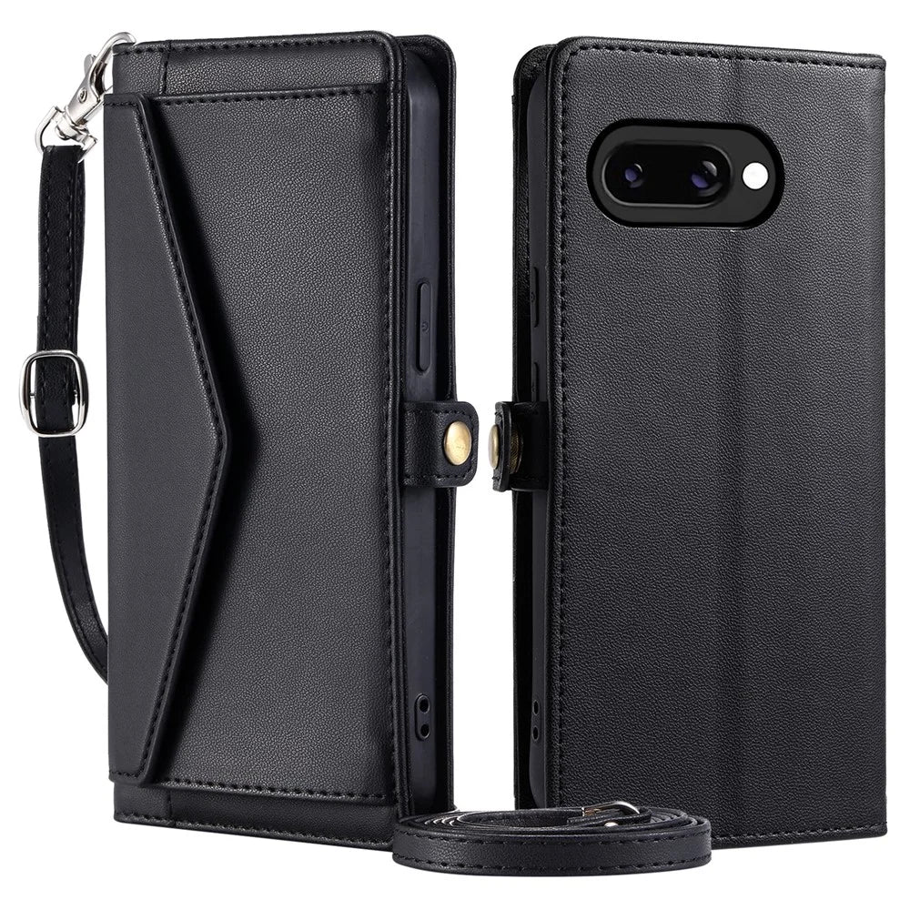 For Google Pixel 9a Leather Case Wallet Stand Phone Cover with Straps - Black - 1
