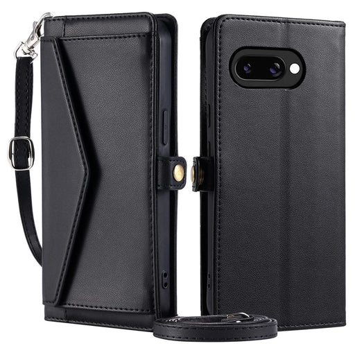 For Google Pixel 9a Leather Case Wallet Stand Phone Cover with Straps - Black - 1