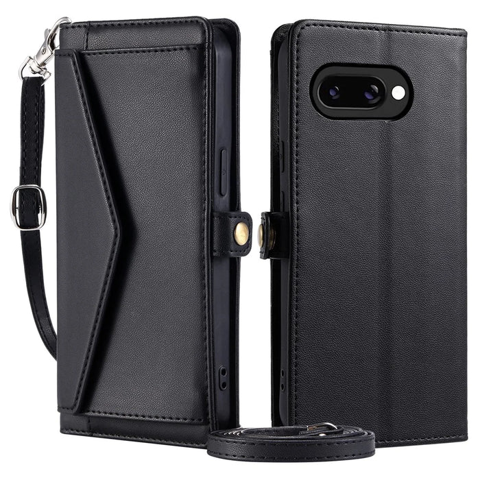 For Google Pixel 9a Leather Case Wallet Stand Phone Cover with Straps - Black - 1