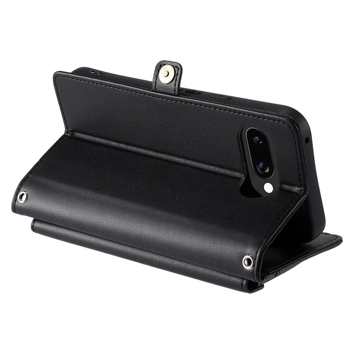 For Google Pixel 9a Leather Case Wallet Stand Phone Cover with Straps - Black - 4