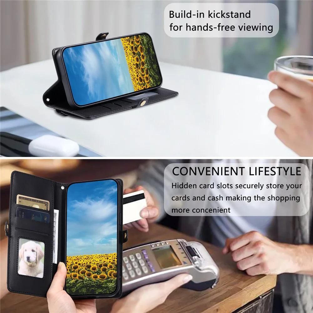 For Google Pixel 9a Leather Case Wallet Stand Phone Cover with Straps - Black - 7
