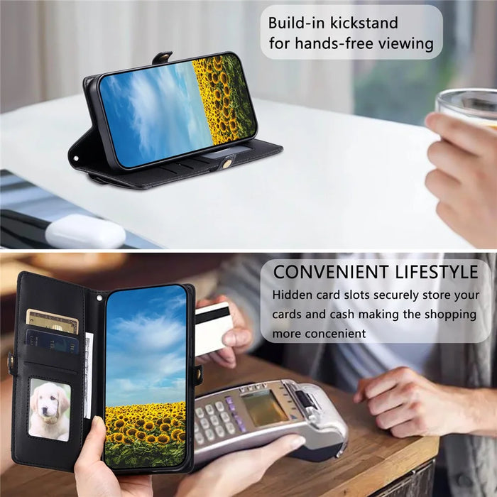 For Google Pixel 9a Leather Case Wallet Stand Phone Cover with Straps - Black - 7