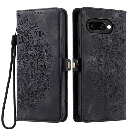 Style 016 For Google Pixel 9a Case Skin Feel Totem Imprinted Wallet Leather Phone Cover - Black - 1