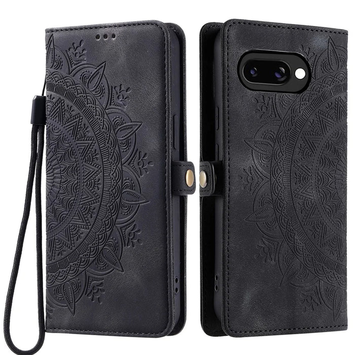 Style 016 For Google Pixel 9a Case Skin Feel Totem Imprinted Wallet Leather Phone Cover - Black - 1