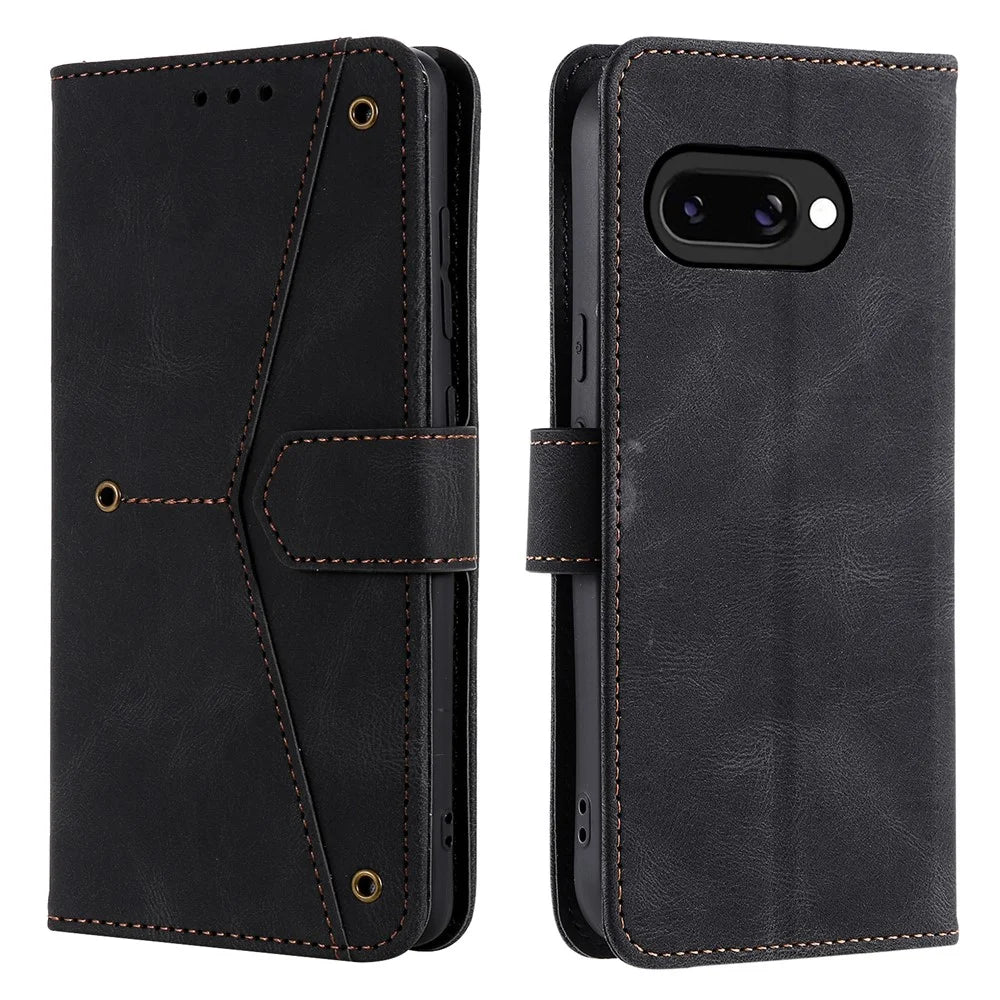 For Google Pixel 9a Leather Case Splicing Stitching Wallet Stand Phone Cover with Strap - Black - 1