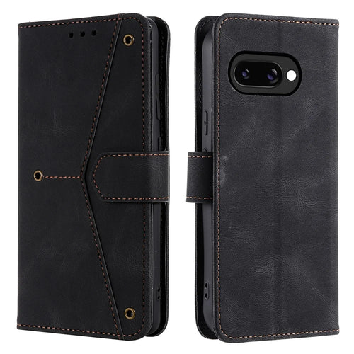 For Google Pixel 9a Leather Case Splicing Stitching Wallet Stand Phone Cover with Strap - Black - 1