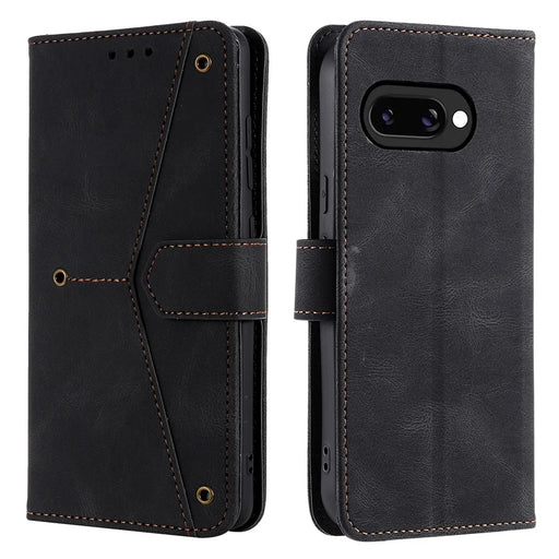 For Google Pixel 9a Leather Case Splicing Stitching Wallet Stand Phone Cover with Strap - Black - 1