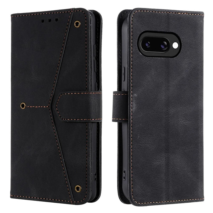 For Google Pixel 9a Leather Case Splicing Stitching Wallet Stand Phone Cover with Strap - Black - 1