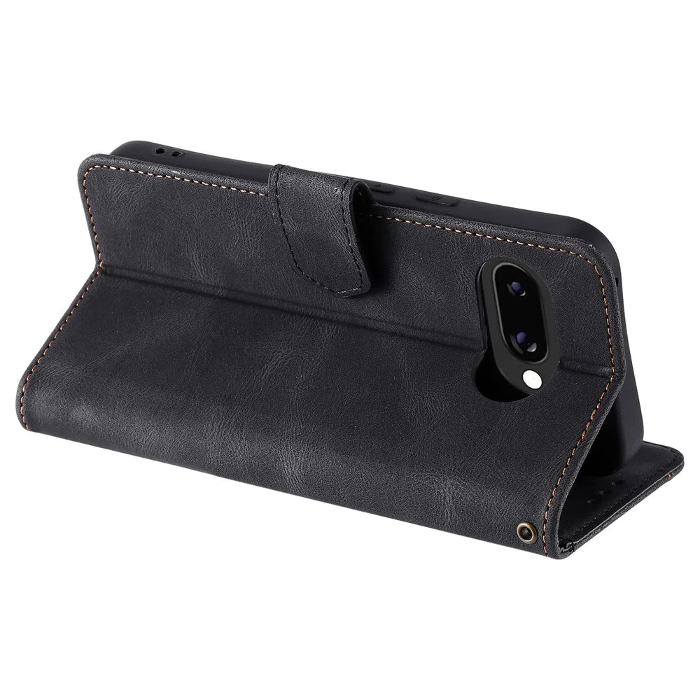 For Google Pixel 9a Leather Case Splicing Stitching Wallet Stand Phone Cover with Strap - Black - 4