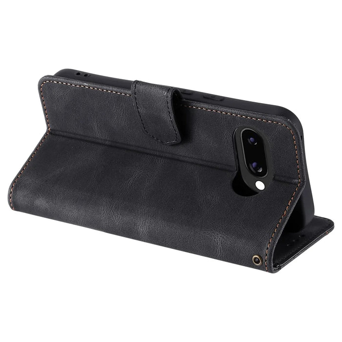 For Google Pixel 9a Leather Case Splicing Stitching Wallet Stand Phone Cover with Strap - Black - 4