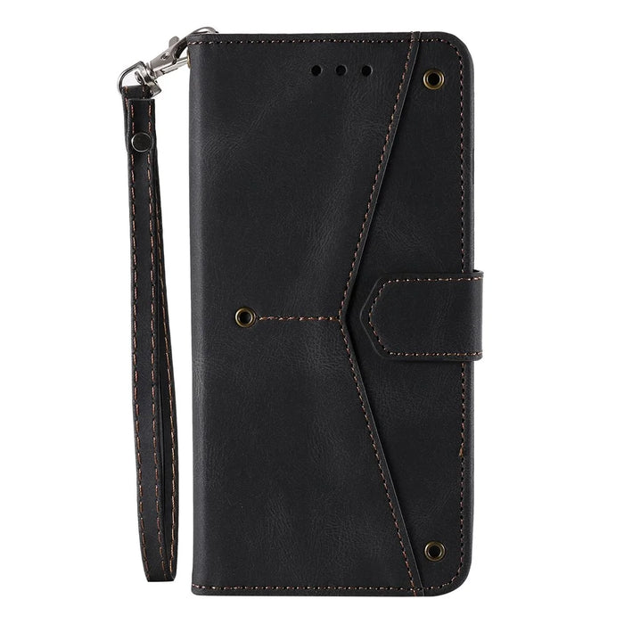 For Google Pixel 9a Leather Case Splicing Stitching Wallet Stand Phone Cover with Strap - Black - 6