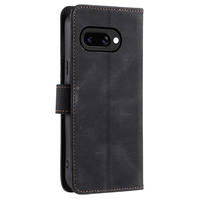 For Google Pixel 9a Leather Case Splicing Stitching Wallet Stand Phone Cover with Strap - Black - 7