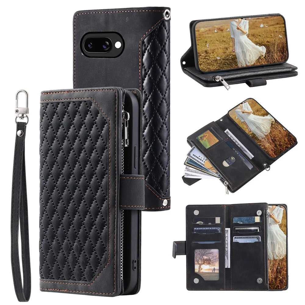 Style 005 For Google Pixel 9a Wallet Case Rhombus Stitching Line PU Leather Phone Cover - Black - 1