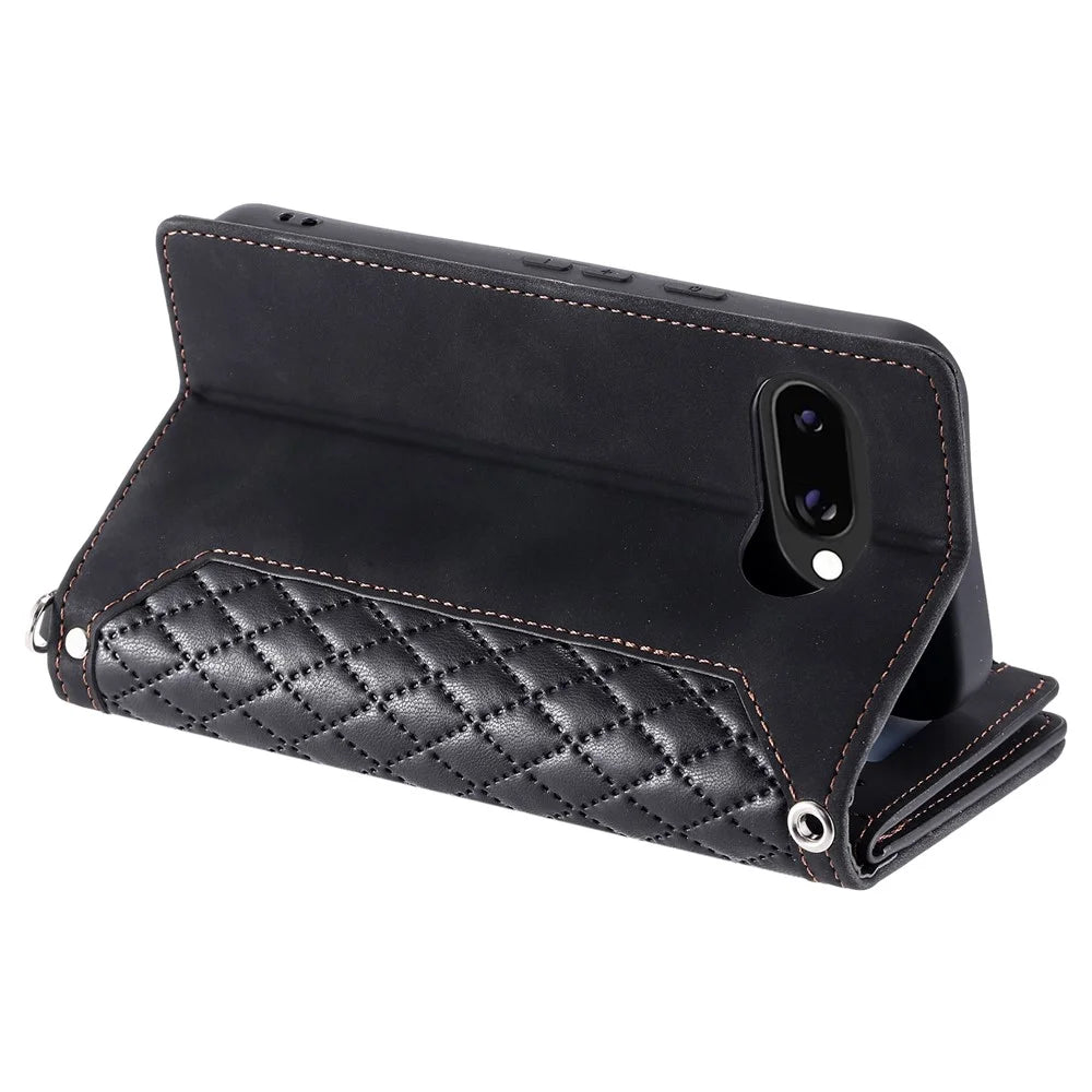 Style 005 For Google Pixel 9a Wallet Case Rhombus Stitching Line PU Leather Phone Cover - Black - 3