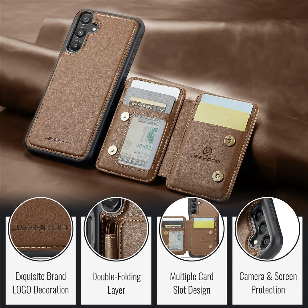 JEEHOOD J05 For Samsung Galaxy A16 5G Case Leather Mobile Cover with Detachable Magnetic Card Bag - Brwon - 6