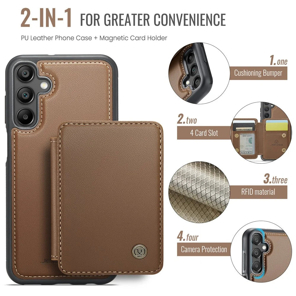 JEEHOOD J05 For Samsung Galaxy A16 5G Case Leather Mobile Cover with Detachable Magnetic Card Bag - Brwon - 7