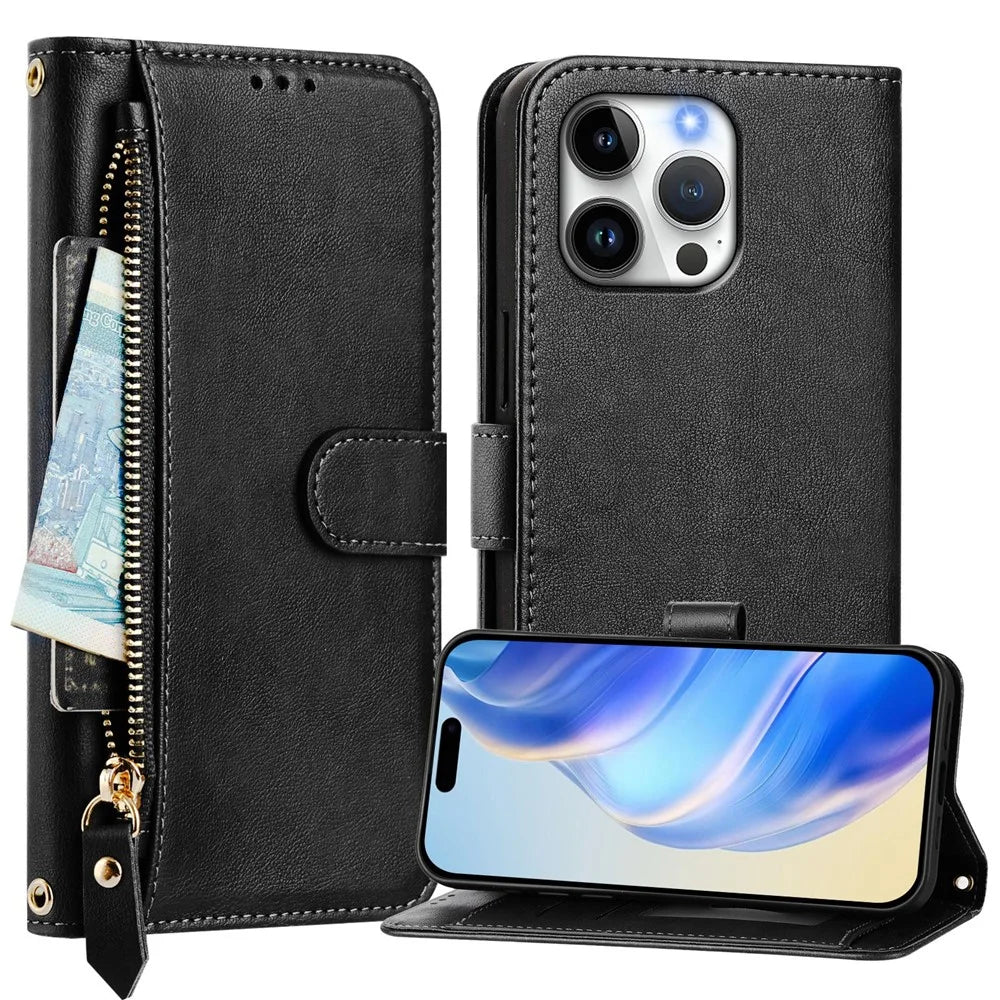 For iPhone 16 Pro Max Case Zipper Pocket Multiple Card Slots Leather Phone Cover - Black - 2