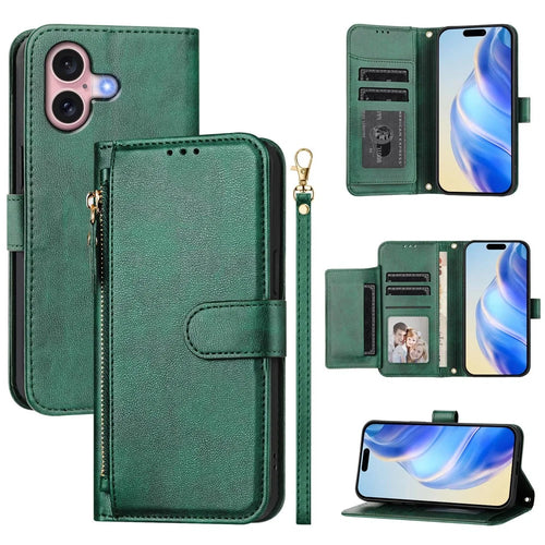 For iPhone 16 Plus Case Zipper Pocket Multiple Card Slots Leather Phone Cover - Green - 1