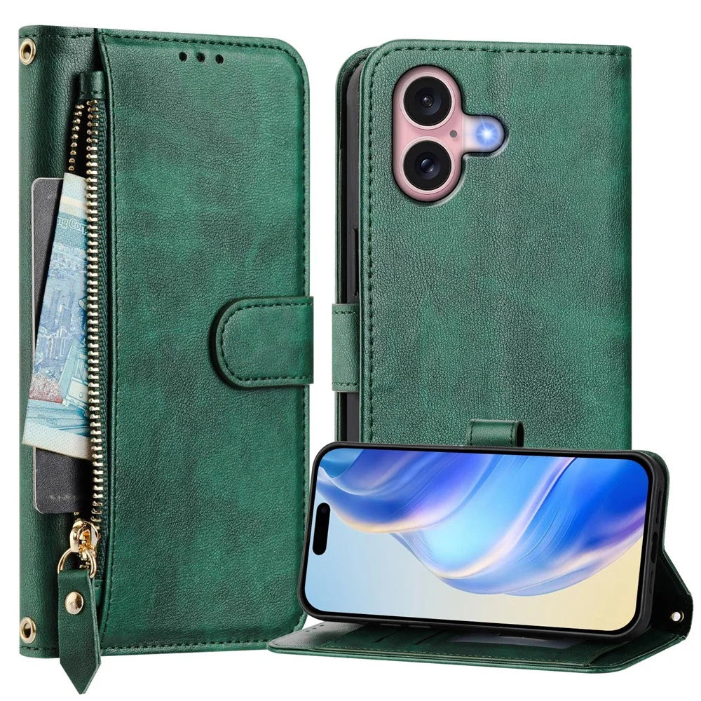 For iPhone 16 Plus Case Zipper Pocket Multiple Card Slots Leather Phone Cover - Green - 2