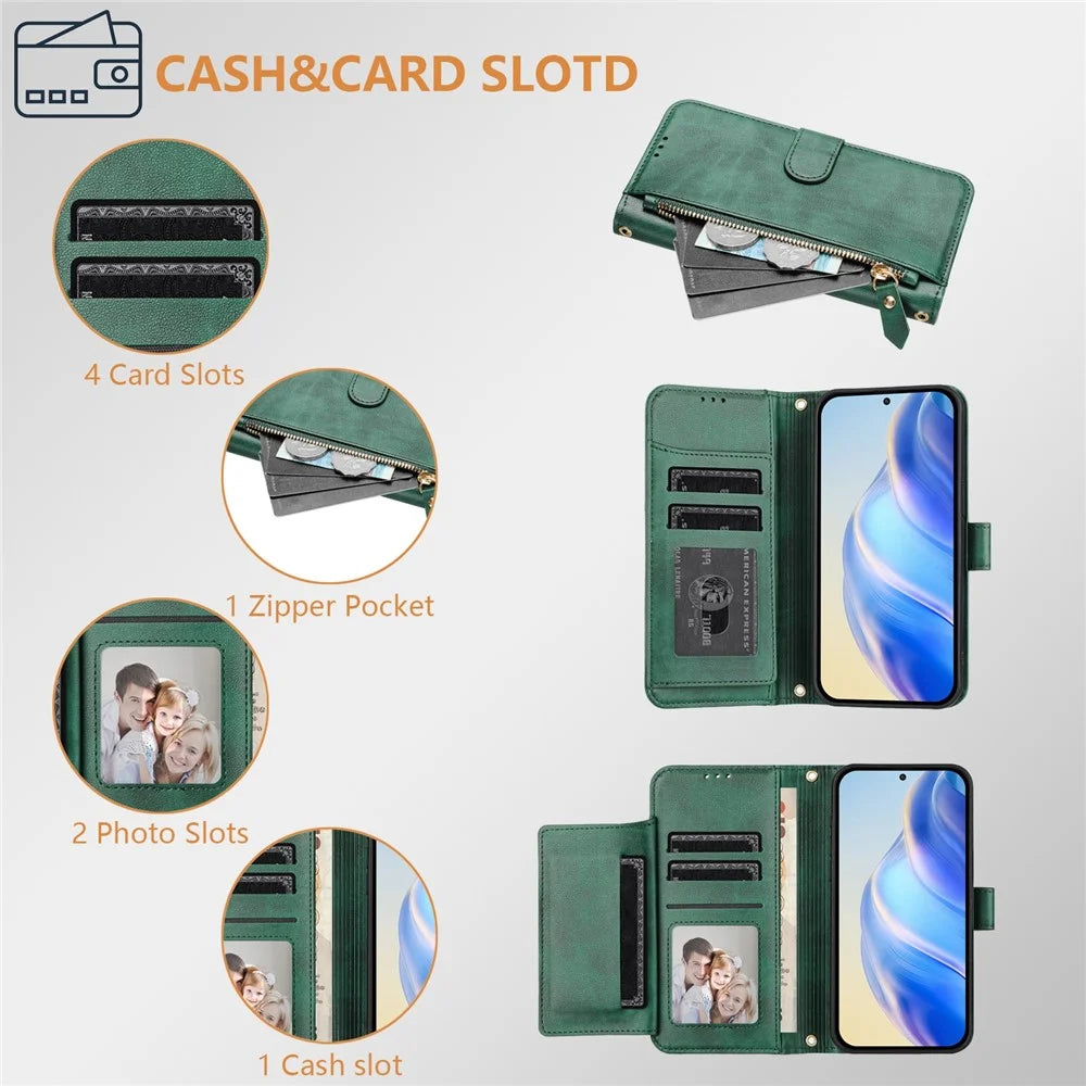 For iPhone 16 Plus Case Zipper Pocket Multiple Card Slots Leather Phone Cover - Green - 3