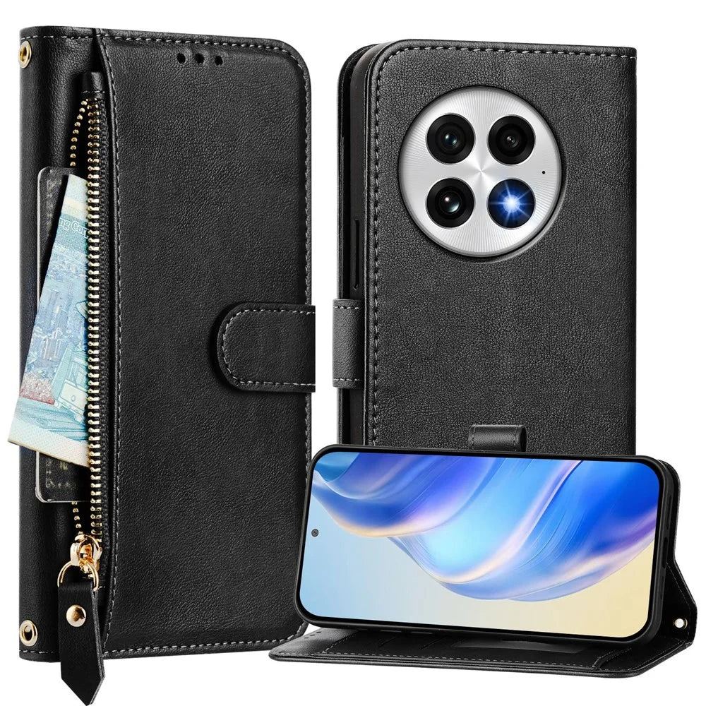 For OnePlus 13 Case Zipper Pocket Multiple Card Slots Leather Phone Cover - Black - 2