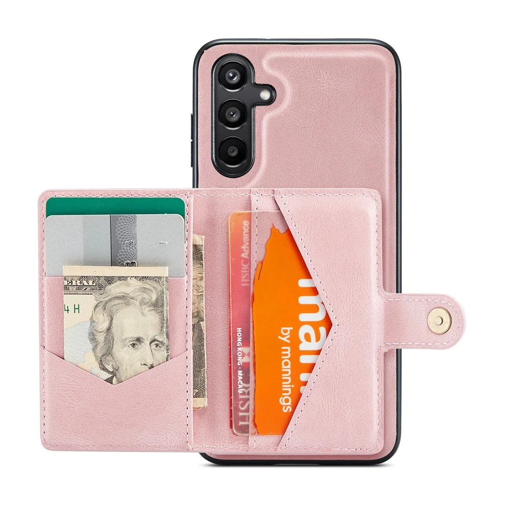 JEEHOOD For Samsung Galaxy A16 5G Case  J01 Retro Leather Phone Back Cover with Detachable Magnetic Card Holder - Pink - 3