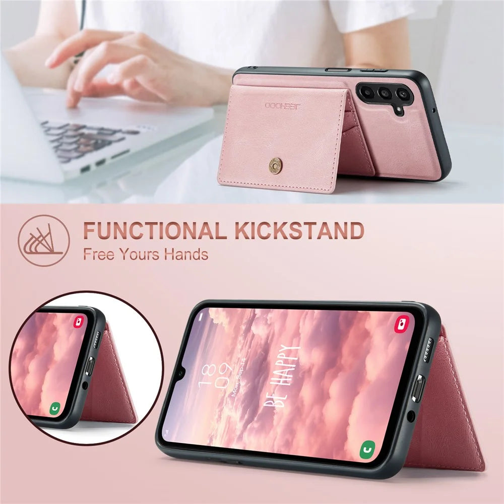 JEEHOOD For Samsung Galaxy A16 5G Case  J01 Retro Leather Phone Back Cover with Detachable Magnetic Card Holder - Pink - 6