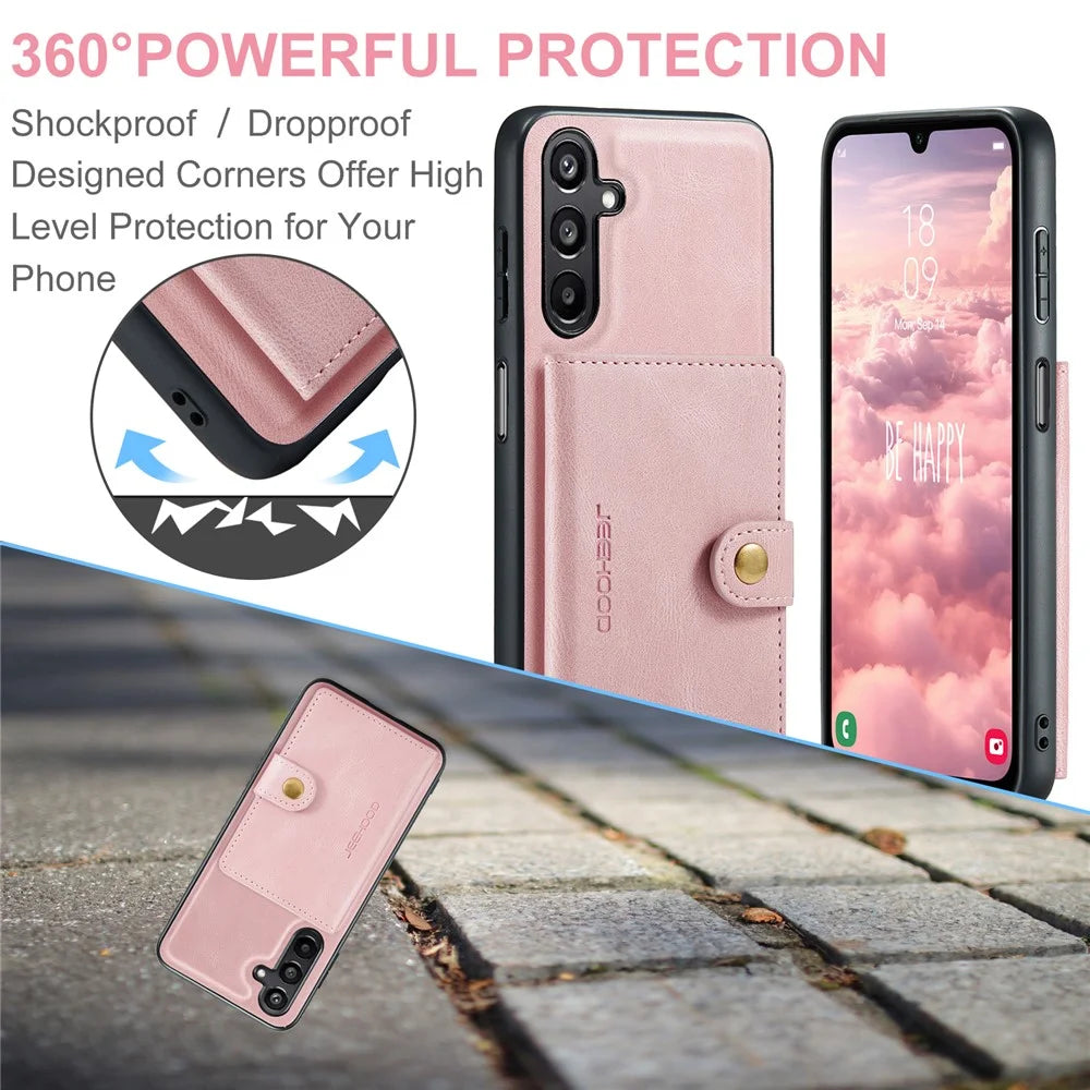 JEEHOOD For Samsung Galaxy A16 5G Case  J01 Retro Leather Phone Back Cover with Detachable Magnetic Card Holder - Pink - 7