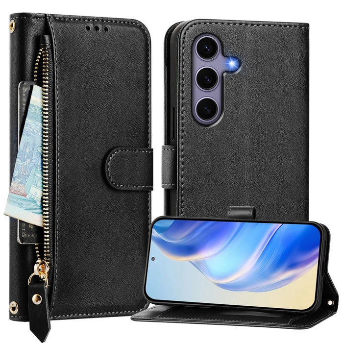 For Samsung Galaxy S25 Case Zipper Pocket Multiple Card Slots Leather Phone Cover - Black - 2