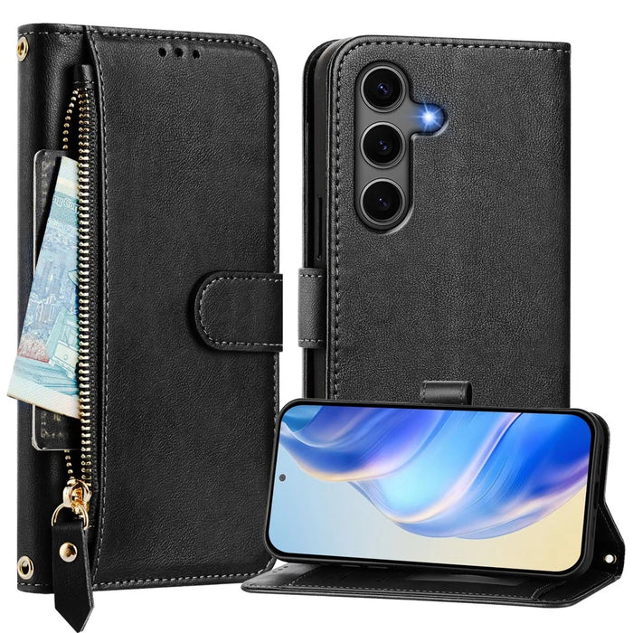 For Samsung Galaxy S25+ Case Zipper Pocket Multiple Card Slots Leather Phone Cover - Black - 2