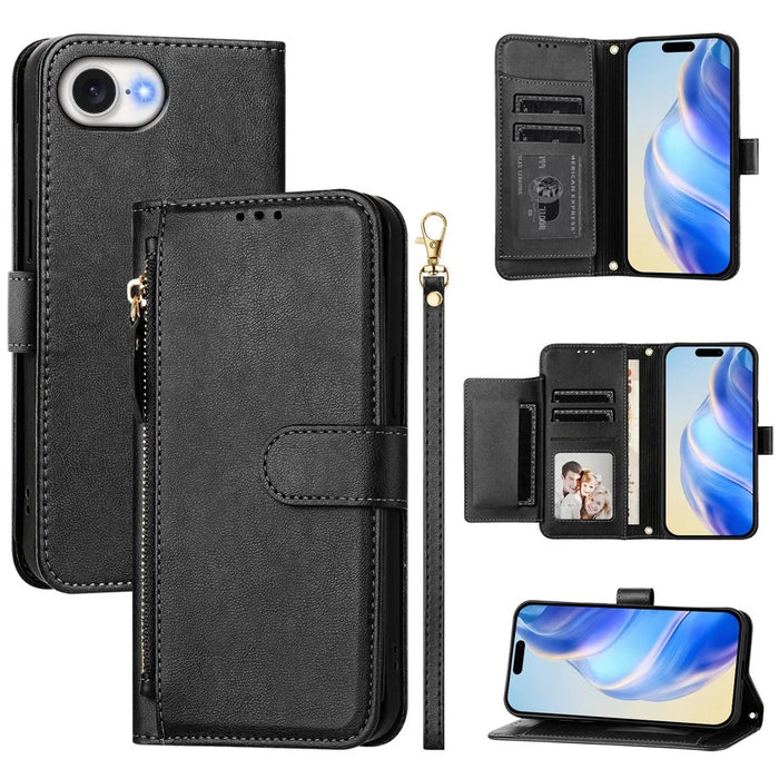 For iPhone 17e / 16e Case Zipper Pocket Multiple Card Slots Leather Phone Cover - Black - 1