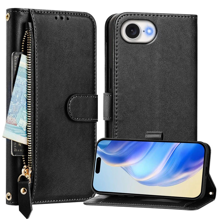 For iPhone 17e / 16e Case Zipper Pocket Multiple Card Slots Leather Phone Cover - Black - 2