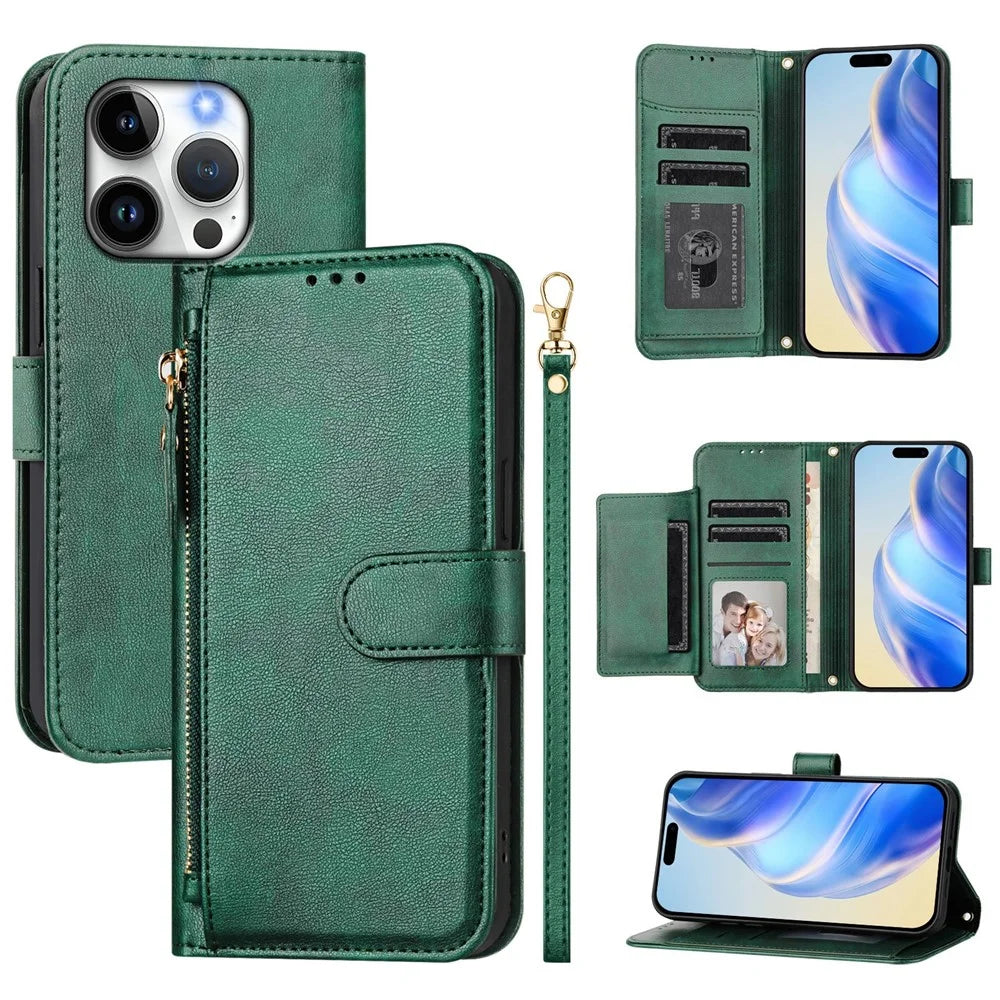 For iPhone 14 Pro Case Zipper Pocket Multiple Card Slots Leather Phone Cover - Green - 1