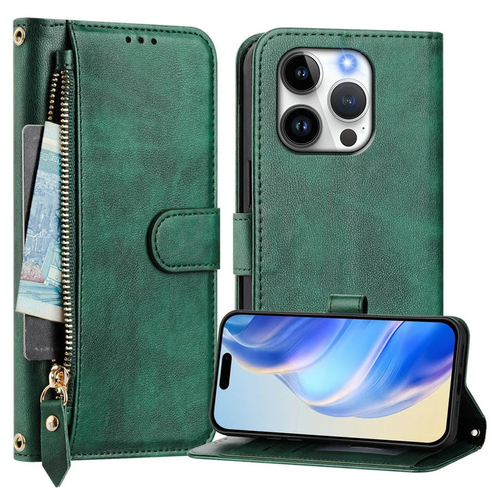 For iPhone 14 Pro Case Zipper Pocket Multiple Card Slots Leather Phone Cover - Green - 2