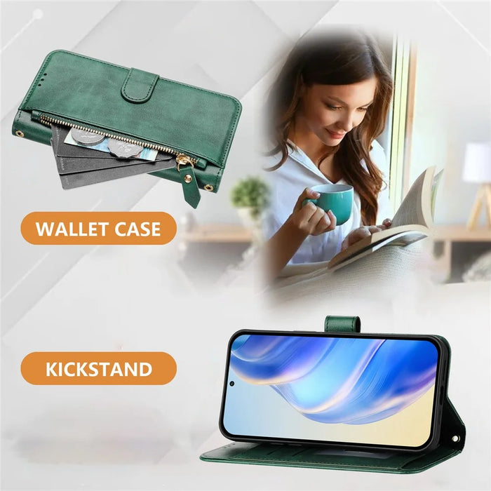 For iPhone 14 Pro Case Zipper Pocket Multiple Card Slots Leather Phone Cover - Green - 5