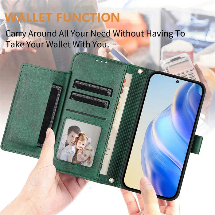 For iPhone 14 Pro Case Zipper Pocket Multiple Card Slots Leather Phone Cover - Green - 6