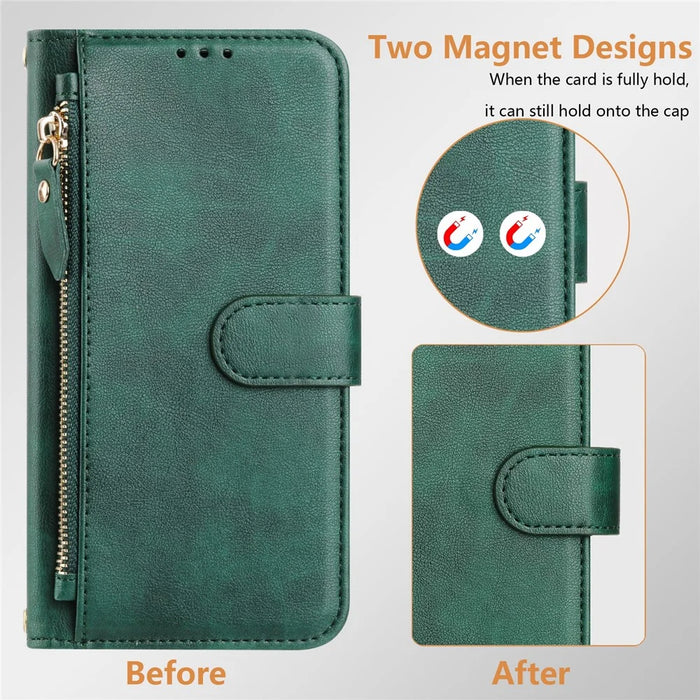 For iPhone 14 Pro Case Zipper Pocket Multiple Card Slots Leather Phone Cover - Green - 7
