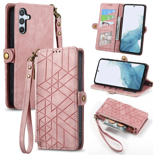 For Samsung Galaxy A56 5G Case Zipper Wallet Geometry Lines Leather Phone Cover - Pink - 1