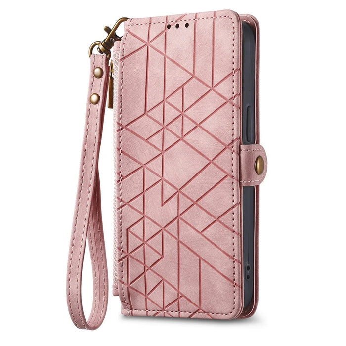 For Samsung Galaxy A56 5G Case Zipper Wallet Geometry Lines Leather Phone Cover - Pink - 6