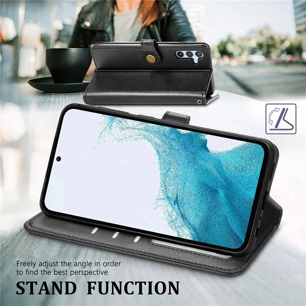 For Samsung Galaxy A36 5G Case Leather Phone Case Wallet Stand Cover with Wrist Strap - Black - 5